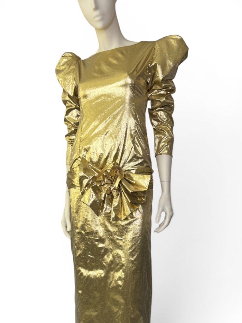 1980’s Liquid Gold Lamé Evening Gown with Dramatic Puff Sleeves & Statement Bow